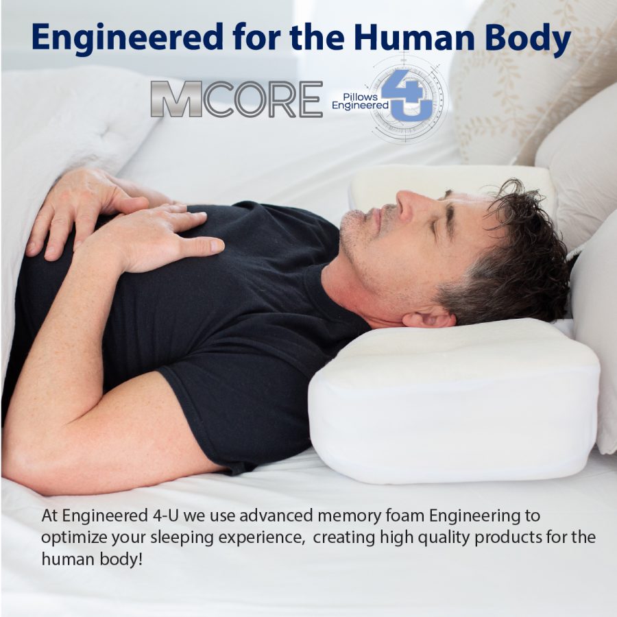 Man sleeping on his back on the MCORE Engineered 4-U pillow